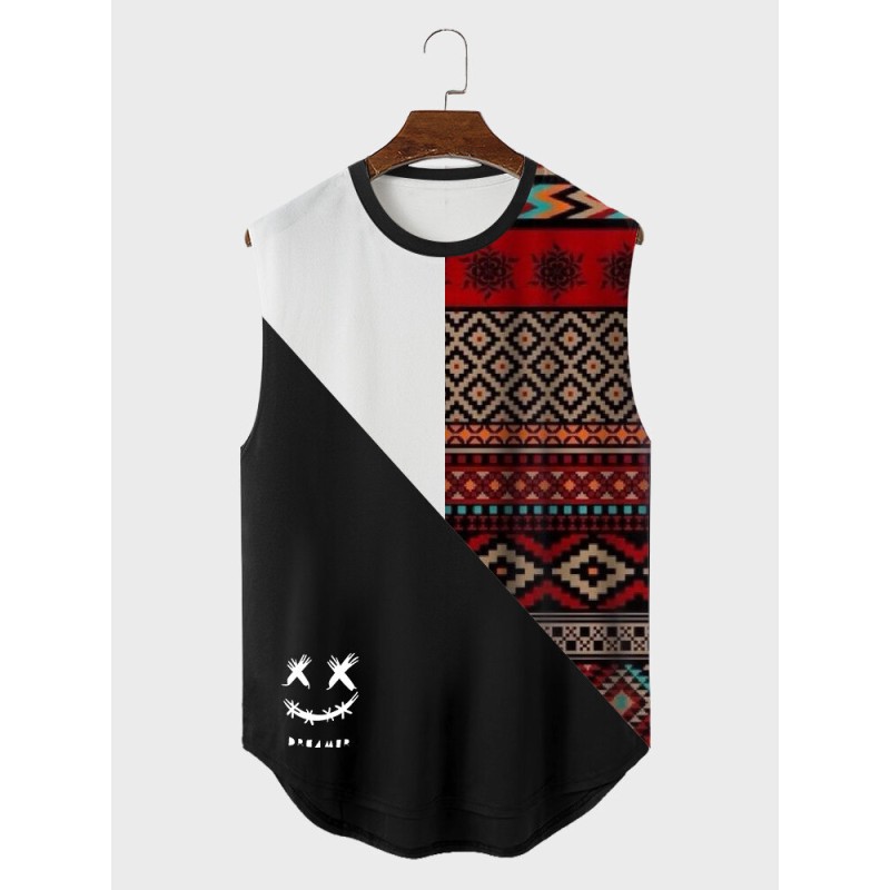 Mens Patchwork Ethnic Geometric Pattern Curved Hem Tanks