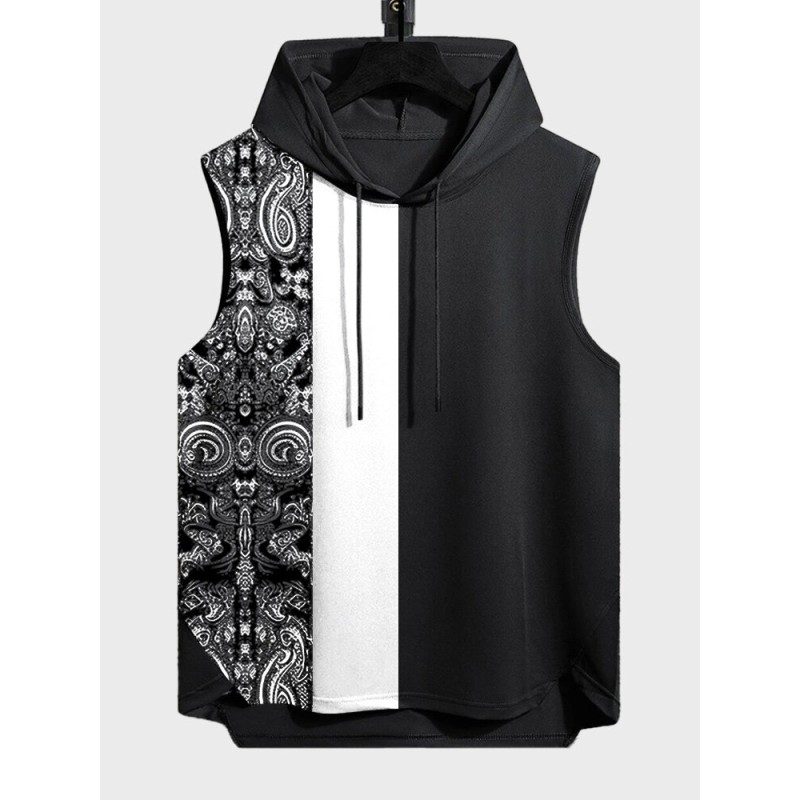 Mens Patchwork Ethnic Pattern Sleeveless Hooded Tanks