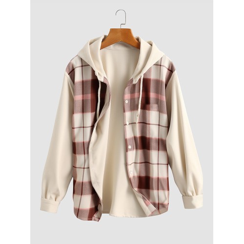 Mens Plaid Patchwork Long Sleeve Drawstring Hooded Shirts