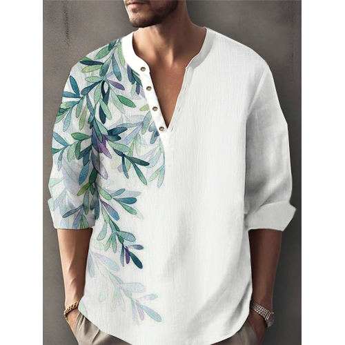 Mens Plant Leaf Print Texture Long Sleeve Henley Shirts