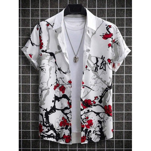 Mens Plum Blossom Print Lapel Collar Short Sleeve Shirts