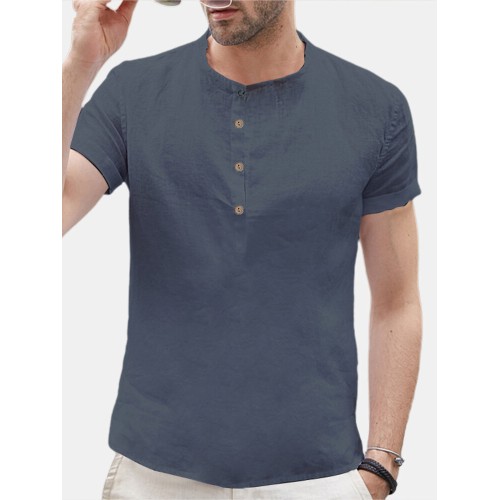 Men's Retro Solid Linen Cotton Shirts Casual Summer Soft Cool Tops Blouse Tee US