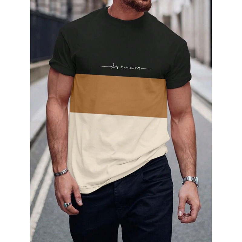 Mens Script Color Block Patchwork Casual Short Sleeve T-Shirts