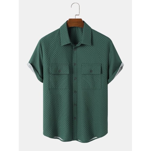 Mens Seersucker Texture Flap Pocket Solid Short Sleeve Shirts