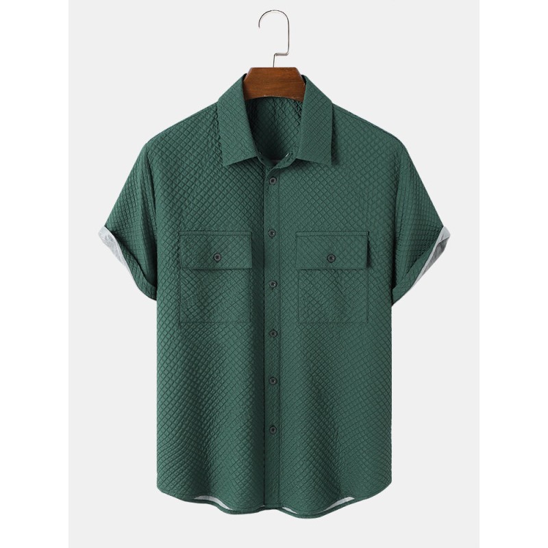 Mens Seersucker Texture Flap Pocket Solid Short Sleeve Shirts