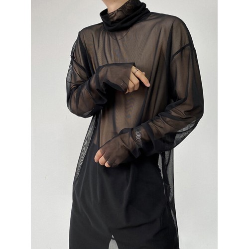 Mens Sheer Mesh See Through High Neck Long Sleeve T-Shirt