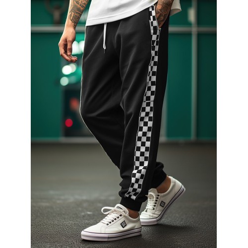 Mens Side Checkered Patchwork Loose Drawstring Waist Sweatpants