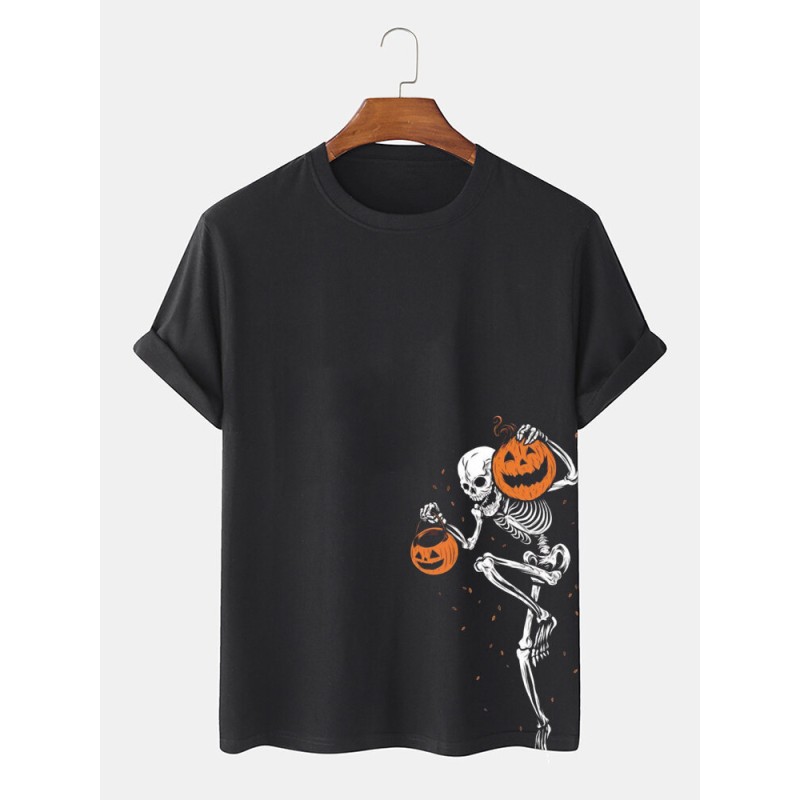 Mens Skeleton Pumpkin Print Halloween Short Sleeve T-Shirts