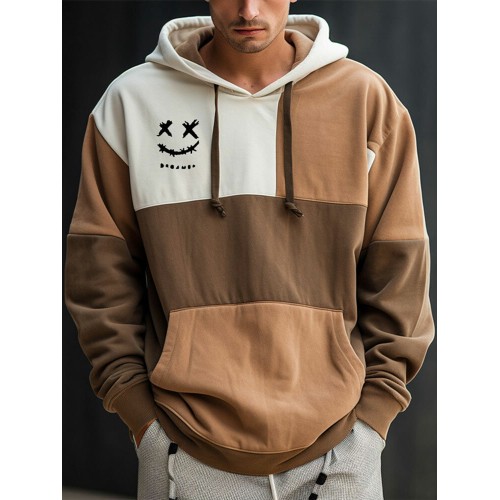 Mens Smile Color Block Patchwork Kangaroo Pocket Drawstring Hoodies
