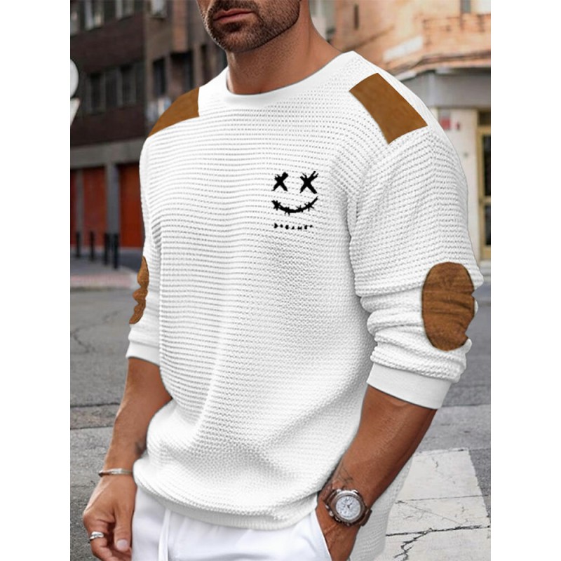 Mens Smile Embroidered Contrast Patchwork Crew Neck Pullover Sweatshirts