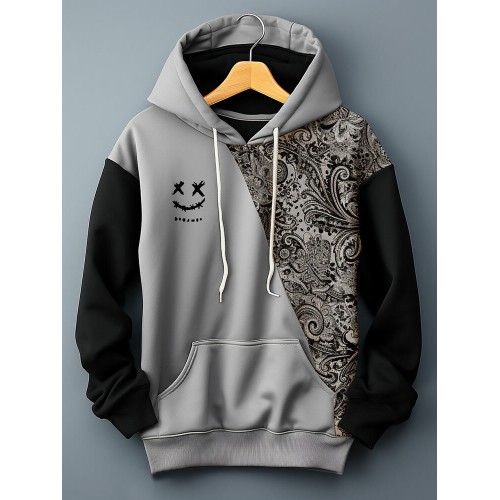 Mens Smile Ethnic Floral Print Patchwork Kangaroo Pocket Drawstring Hoodies