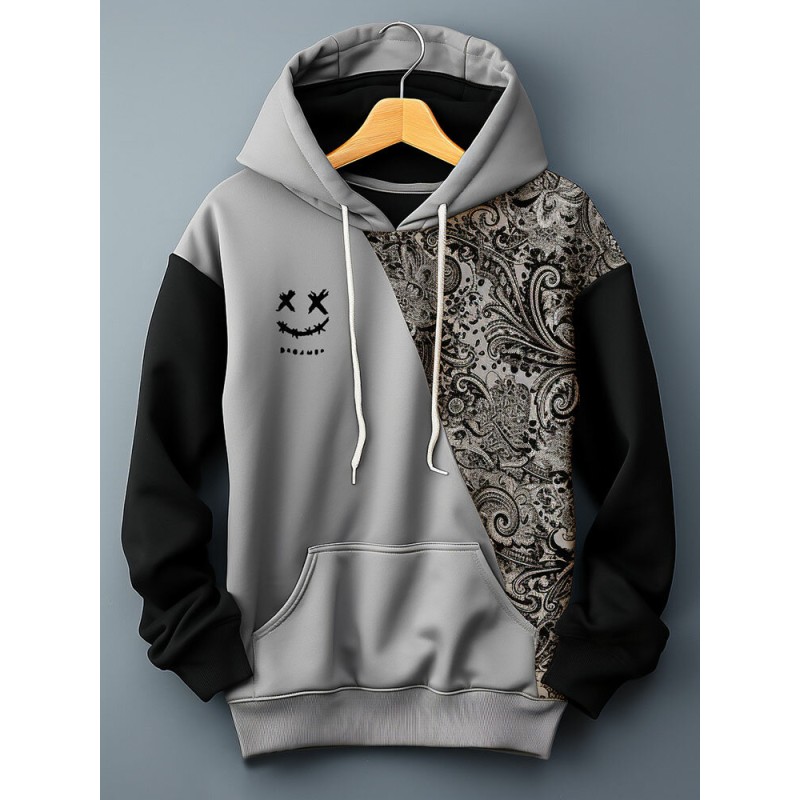 Mens Smile Ethnic Floral Print Patchwork Kangaroo Pocket Drawstring Hoodies