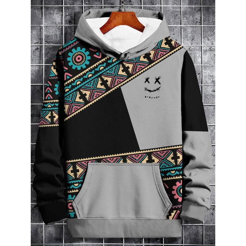 Mens Smile Ethnic Geometric Print Color Block Patchwork Hoodies