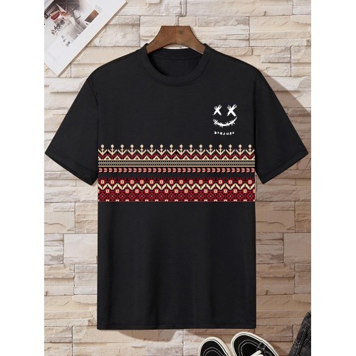 Mens Smile Ethnic Geometric Print Crew Neck Short Sleeve T-Shirts