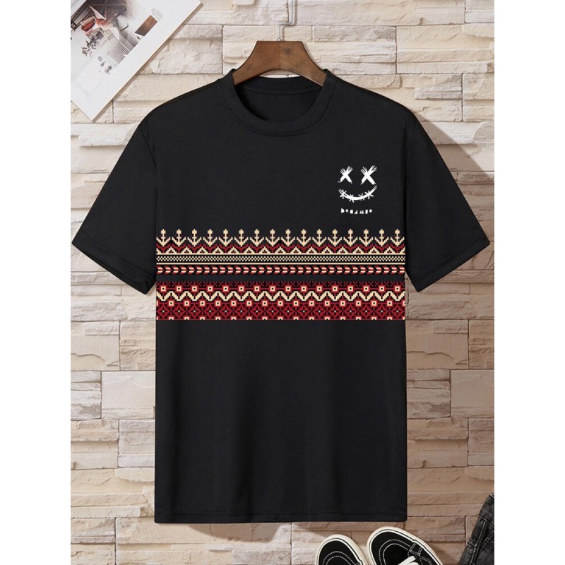 Mens Smile Ethnic Geometric Print Crew Neck Short Sleeve T-Shirts