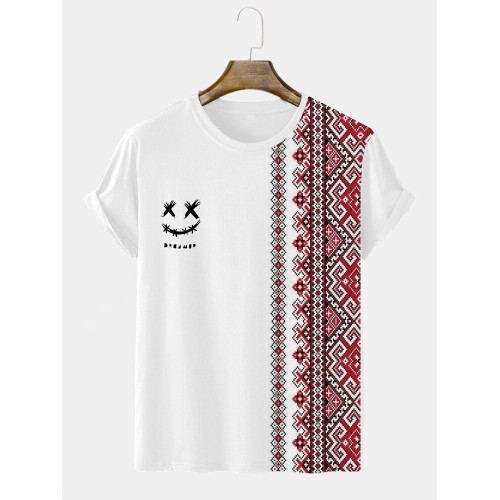 Mens Smile Ethnic Geometric Print Crew Neck Short Sleeve T-Shirts