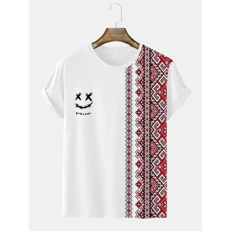 Mens Smile Ethnic Geometric Print Crew Neck Short Sleeve T-Shirts