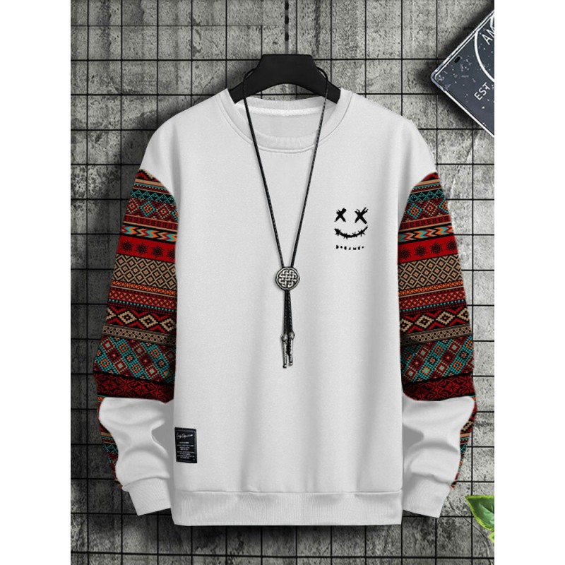 Mens Smile Ethnic Geometric Print Patchwork Crew Neck Pullover Sweatshirts