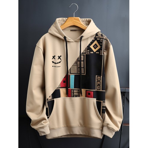 Mens Smile Ethnic Geometric Print Patchwork Drawstring Hoodies