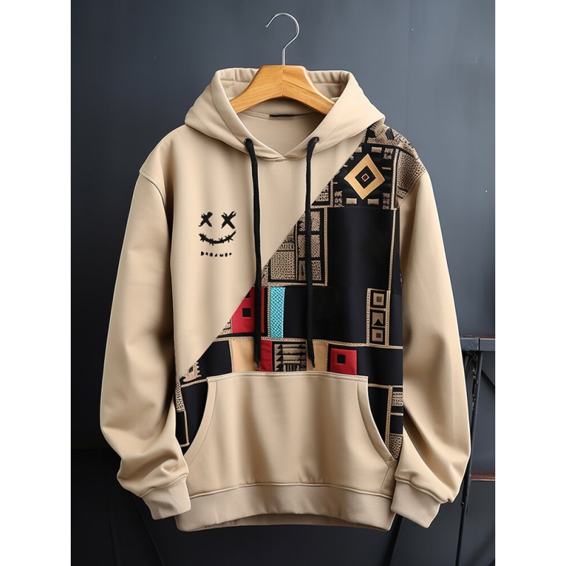 Mens Smile Ethnic Geometric Print Patchwork Drawstring Hoodies