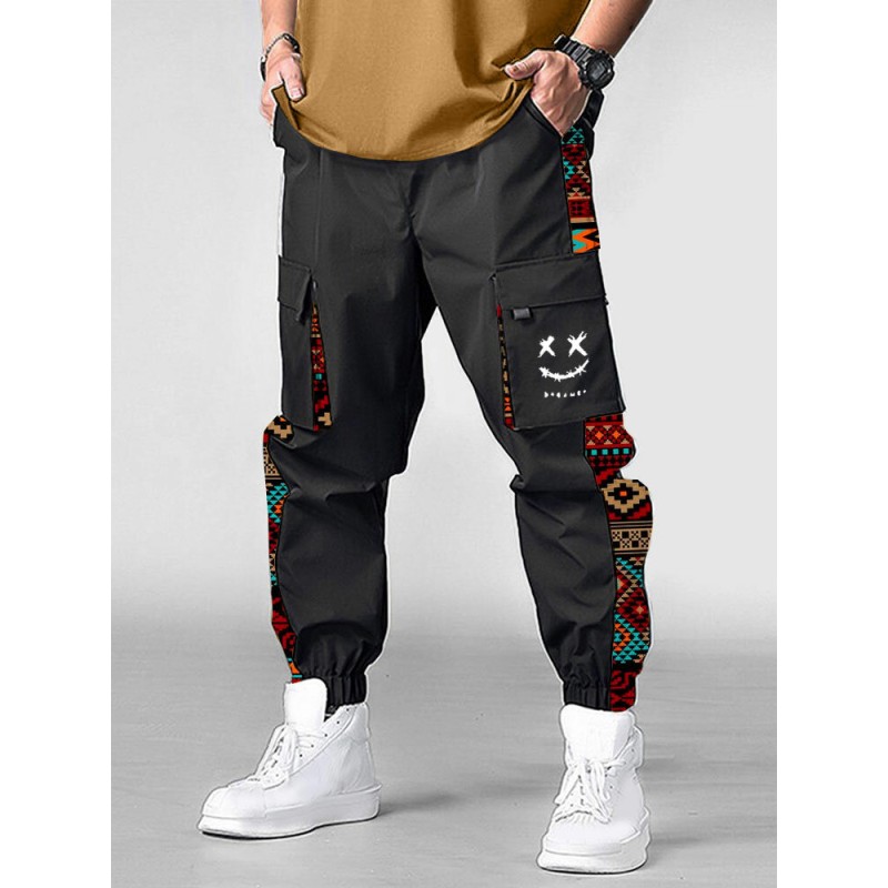 Mens Smile Ethnic Geometric Print Patchwork Flap Pocket Cargo Pants