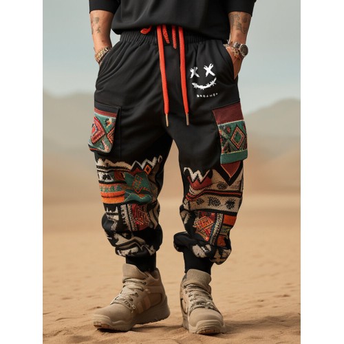 Mens Smile Ethnic Geometric Print Patchwork Loose Drawstring Pants