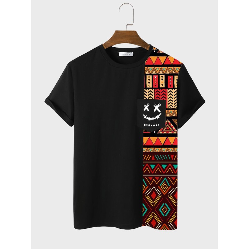 Mens Smile Ethnic Geometric Print Patchwork Short Sleeve T-Shirts