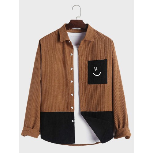 Mens Smile Face Embroidered Patchwork Corduroy Long Sleeve Shirts