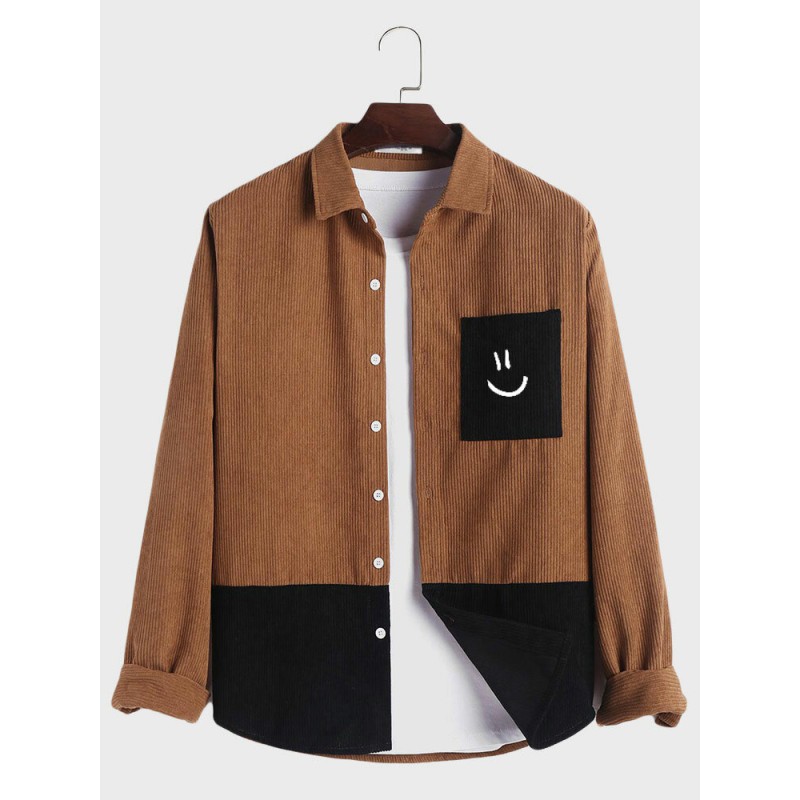 Mens Smile Face Embroidered Patchwork Corduroy Long Sleeve Shirts