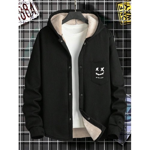 Mens Smile Face Embroidered Snap Button Plush Lined Hooded Jacket