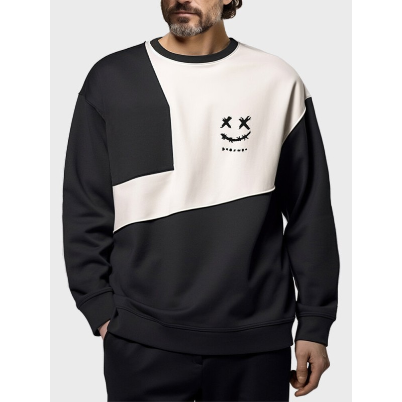 Mens Smile Face Print Contrast Patchwork Crew Neck Pullover Sweatshirts