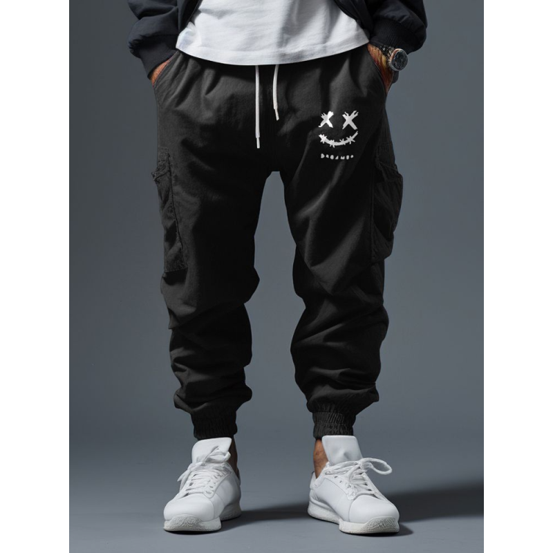 Mens Smile Face Print Drawstring Waist Loose Cargo Pants