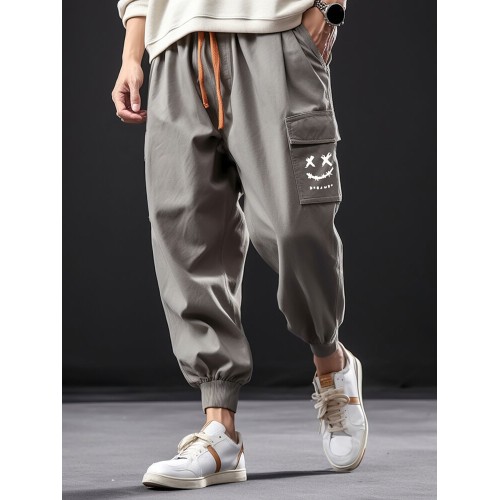 Mens Smile Face Print Flap Pocket Drawstring Waist Cargo Pants