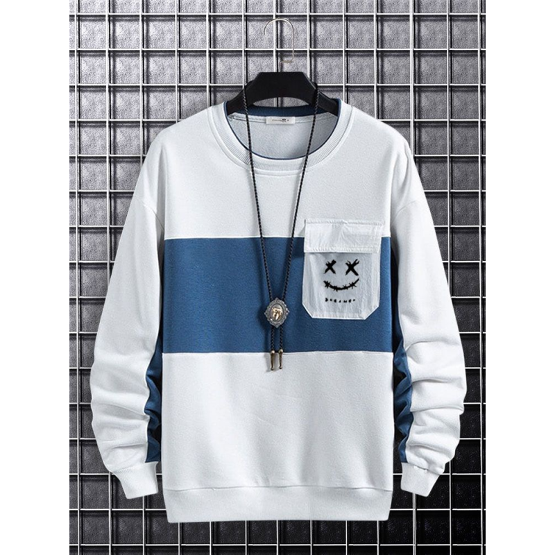 Mens Smile Face Print Patchwork Crew Neck Pullover Sweatshirts