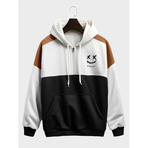 Mens Smile Face Print Patchwork Half Zip Drawstring Hoodies