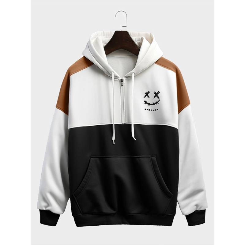 Mens Smile Face Print Patchwork Half Zip Drawstring Hoodies