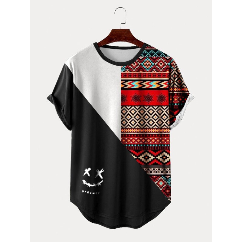 Mens Smile Geometric Ethnic Pattern Curved Hem Short Sleeve T-Shirts