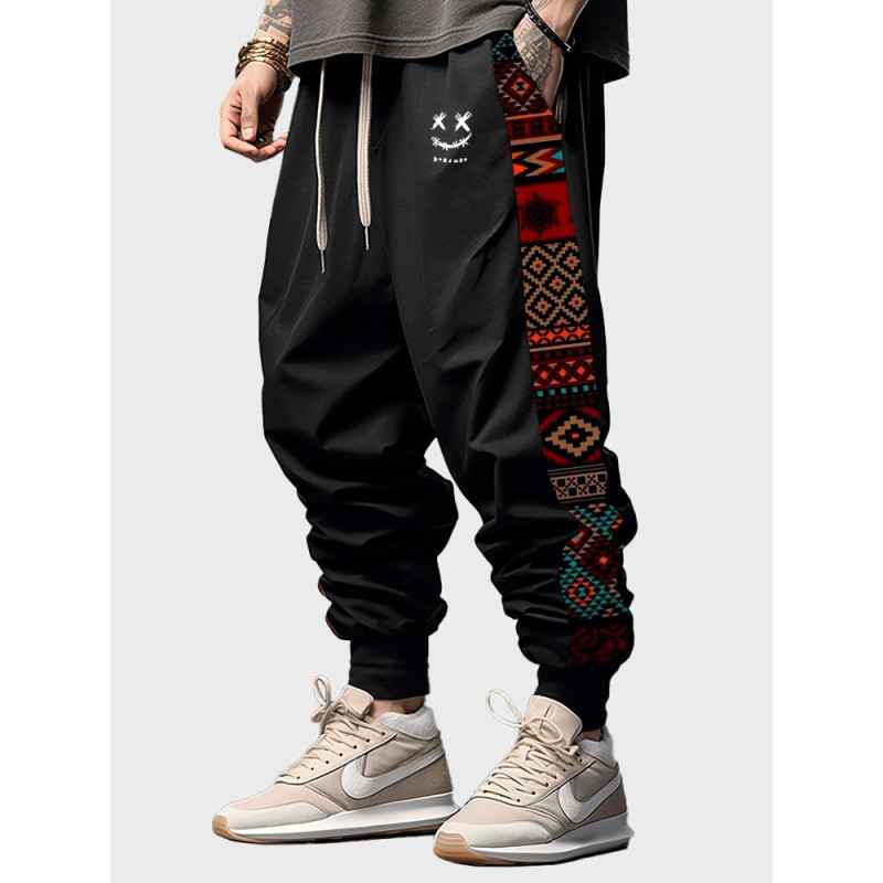 Mens Smile Geometric Ethnic Pattern Drawstring Loose Pants