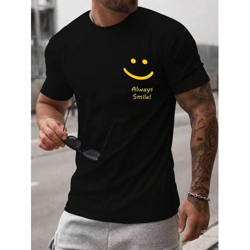 Mens Smile Slogan Print Crew Neck Casual Short Sleeve T-Shirts