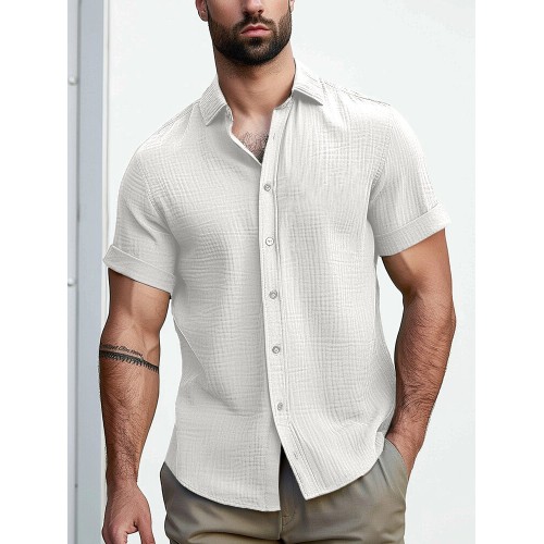 Mens Solid Casual Lapel Collar Short Sleeve Shirts