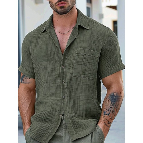 Mens Solid Casual Lapel Collar Short Sleeve Shirts