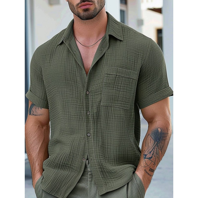 Mens Solid Casual Lapel Collar Short Sleeve Shirts