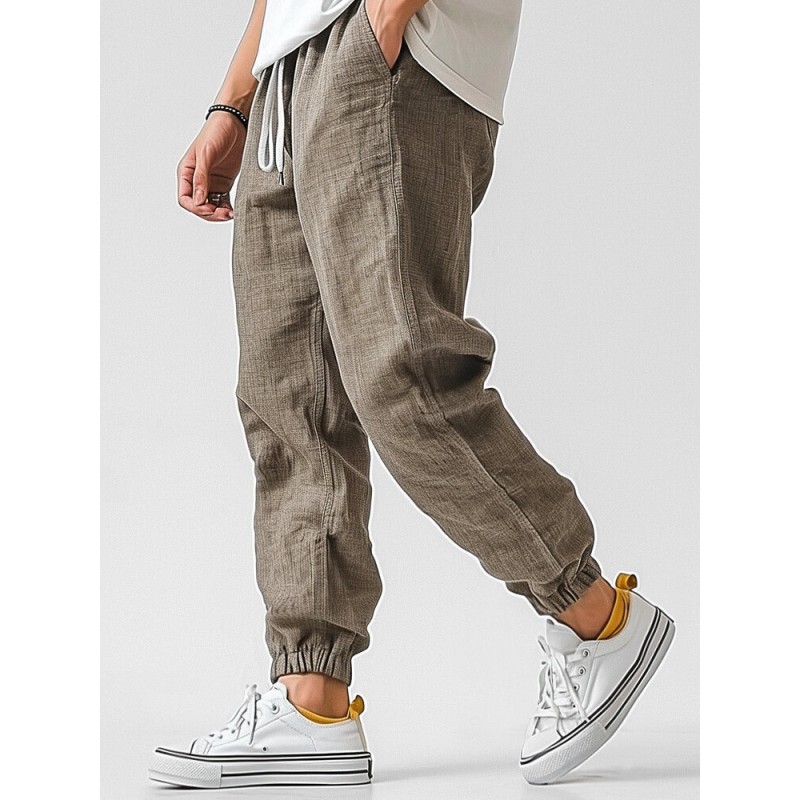 Mens Solid Casual Loose Drawstring Waist Pants With Pocket