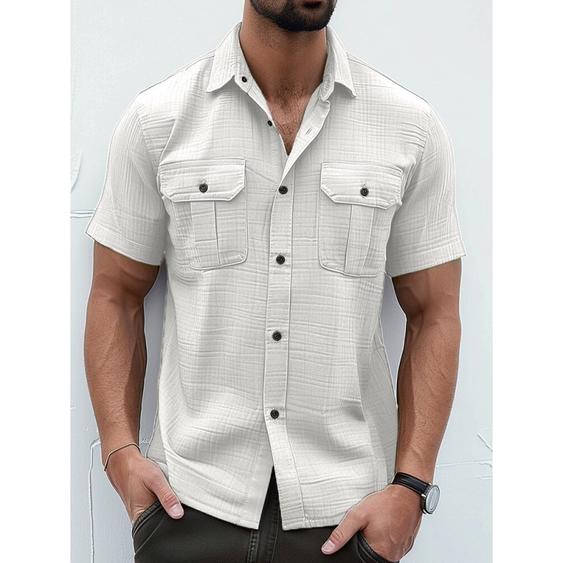 Mens Solid Chest Pocket Lapel Collar Short Sleeve Shirts