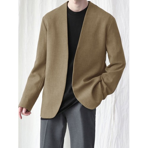 Mens Solid Collarless Casual Long Sleeve Blazer