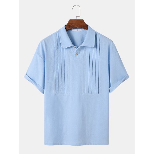 Mens Solid Color Pleated Cotton Casual Short Sleeve Golf Shirts