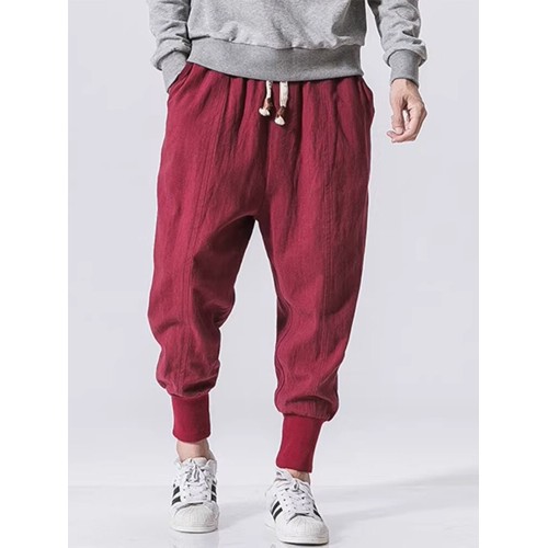 Mens Solid Cotton Casual Loose Drawstring Waist Pants