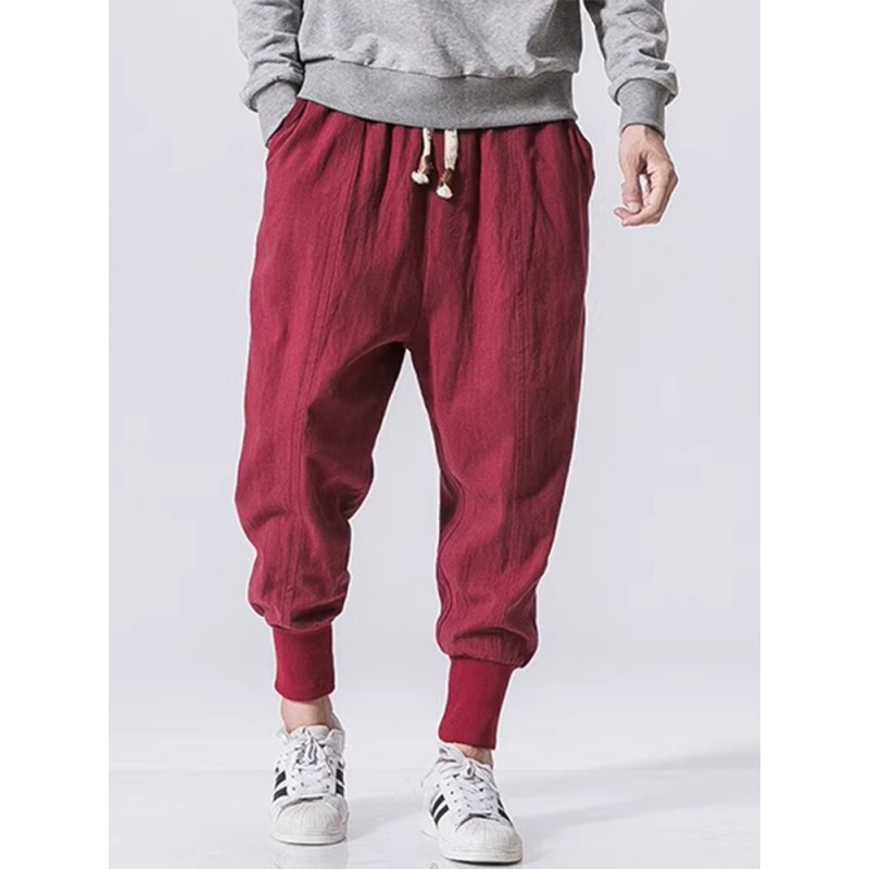 Mens Solid Cotton Casual Loose Drawstring Waist Pants