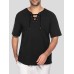 Mens Solid Drawstring V-Neck Cotton Short Sleeve T-Shirt