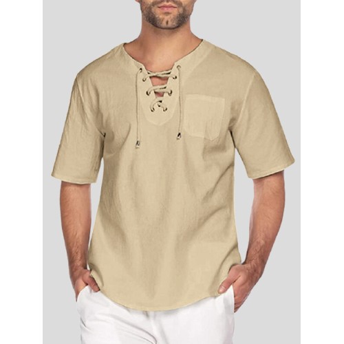 Mens Solid Drawstring V-Neck Cotton Short Sleeve T-Shirt